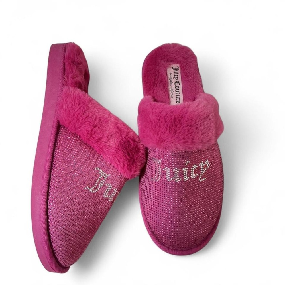 Y2K Juicy Couture‎ Pink Rhinestone Embellished Faux Fur Scuff Slippers coquette